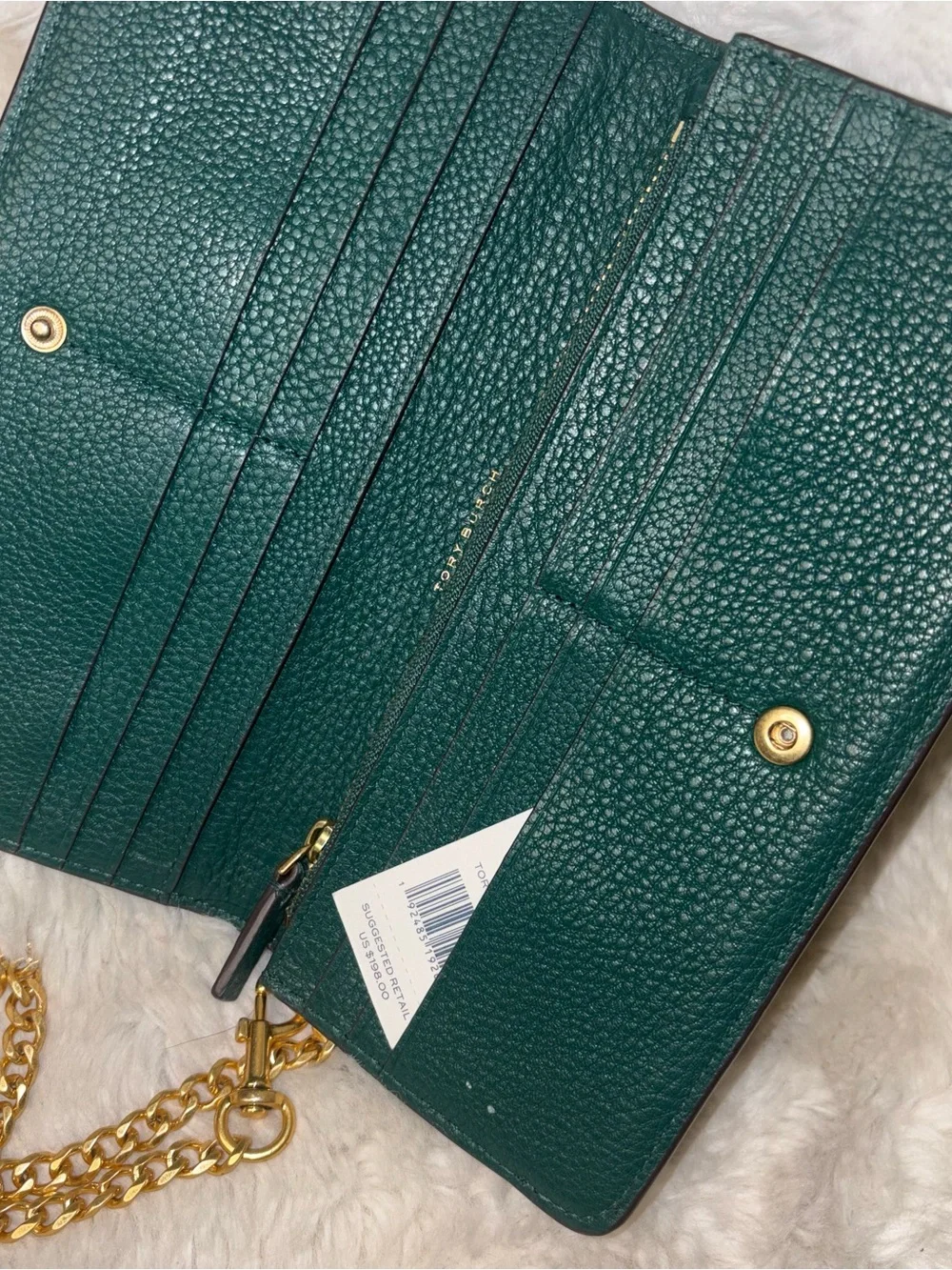 Tory Burch Emerald Green Pebbled Leather Zip Wallet with Gold Logo